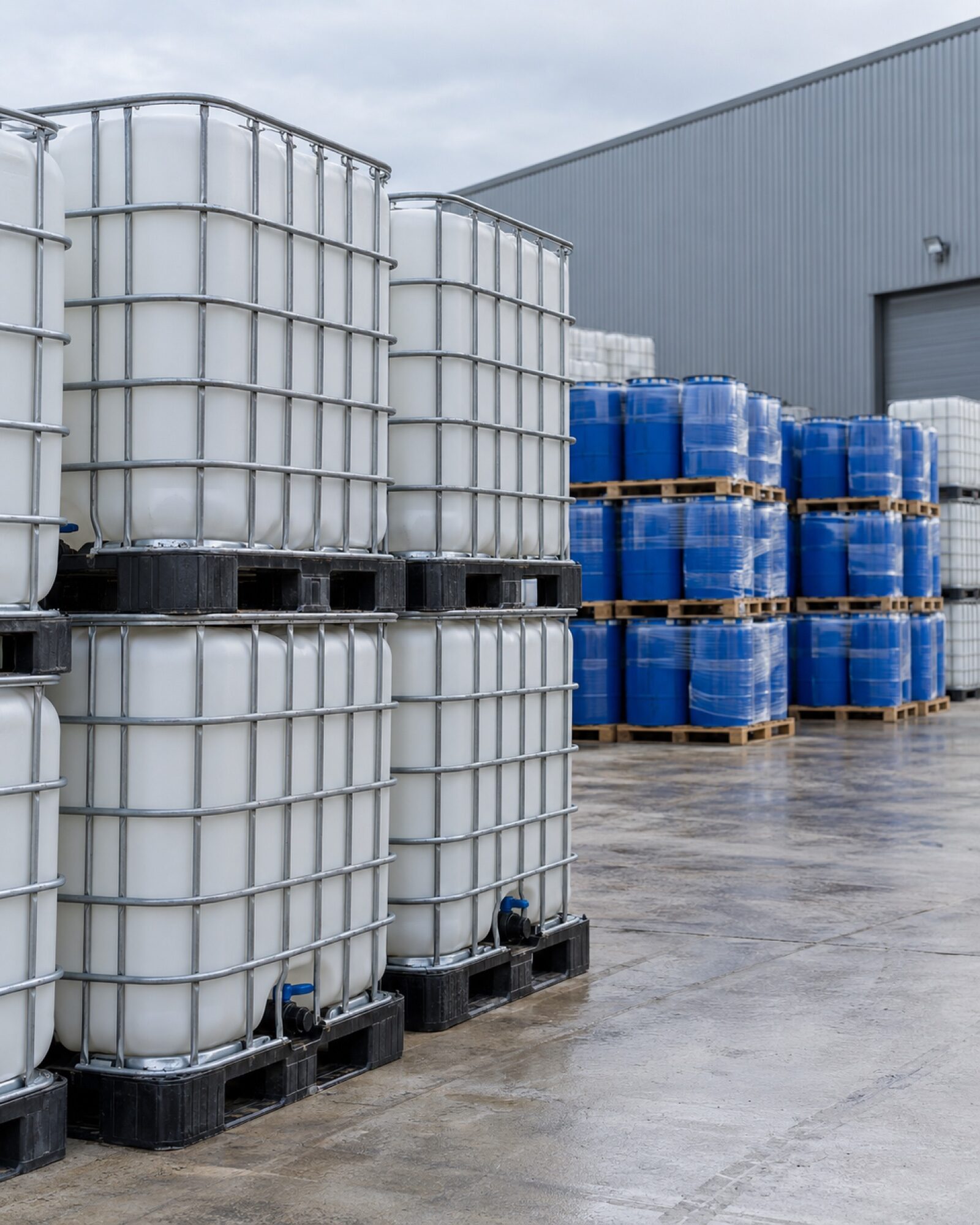 IBC containers and blue plastic drums stored in an industrial yard